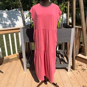 Eileen Fisher Women’s Pink Cap Sleeve Tiered Maxi Dress with Pockets Size S